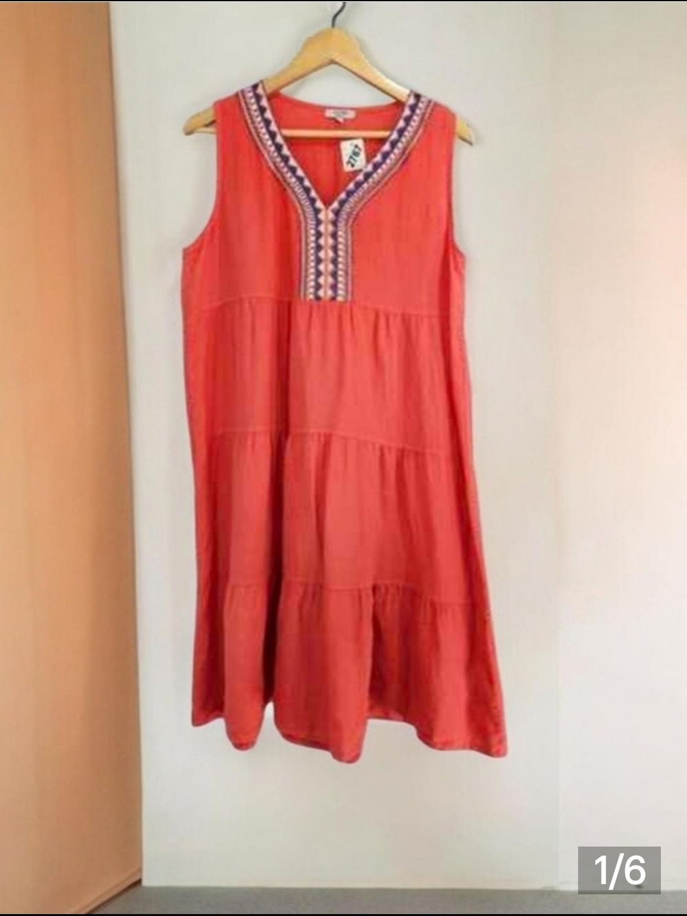 Rosemarine 100% Linen Orange Embroidered Midi Dress Size M